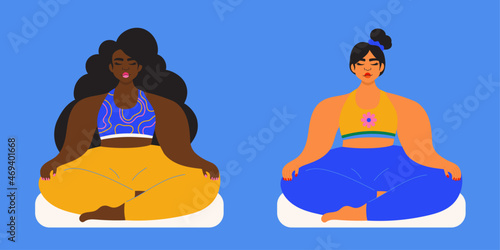 Illustration of women meditating together wearing bright sportswear
