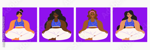 Illustration set of women meditating wearing bright sportswear