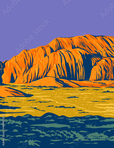 WPA poster art of Snow Canyon State Park with red and white Navajo sandstone of the Red Mountains in the Red Cliffs Desert Reserve in Utah United States USA done in works project administration style.