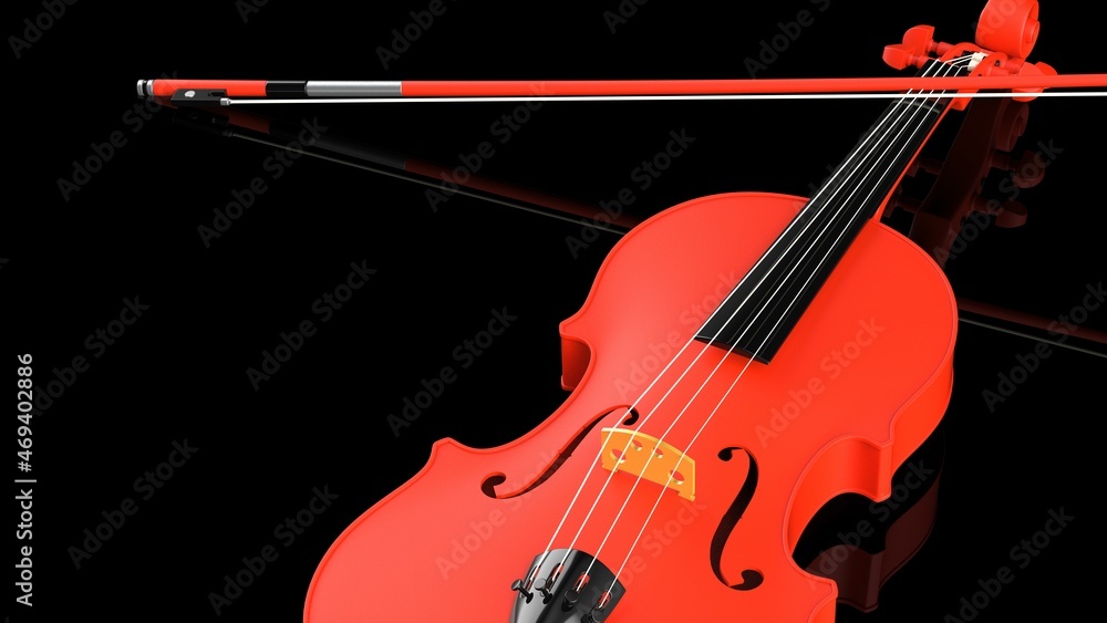 Fototapeta premium Orange-Gold classic violin on black plate under spot lighting background. 3D sketch design and illustration. 3D high quality rendering.