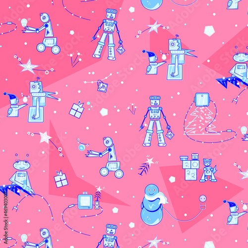 New Year 2022 doodles imaging robots, Christmas seamless pattern with robots, the set of funny robots at winter, winter doodles reflecting robots at winter holidays.