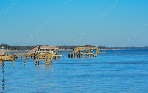 Docks extending out on Hammock Bay in Freeport, Walton County, Florida