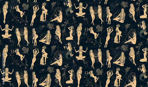 Seamless pattern - signs of the zodiac. Gold illustration of astrological signs on a dark background. Magical illustrations of women and animals in the blooming sky. Mystical women. Flora and magic.