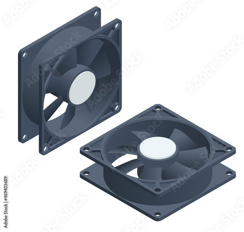 Isometric computer PC chassis, CPU cooler fans isolated on white background. Active CPU cooler