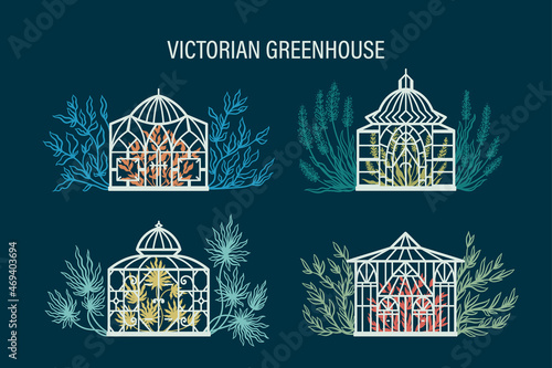 Botanical Garden Victorian Greenhouse Vector Set. Vintage Glass Orangery and Tropical Plants.