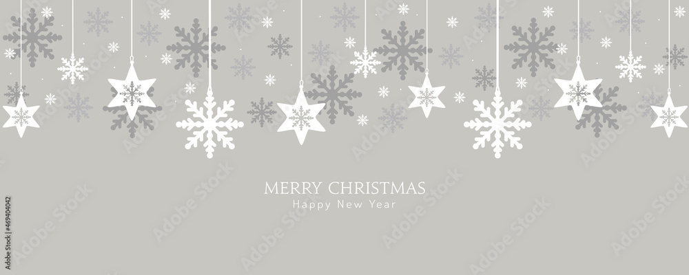 Xmas banner with snowflakes hanging.Vector design of winter holidays on grey background. Merry Christmas greeting card. Xmas banner with snowflakes hanging.Vector design of winter holidays on grey background. Merry Christmas greeting card.