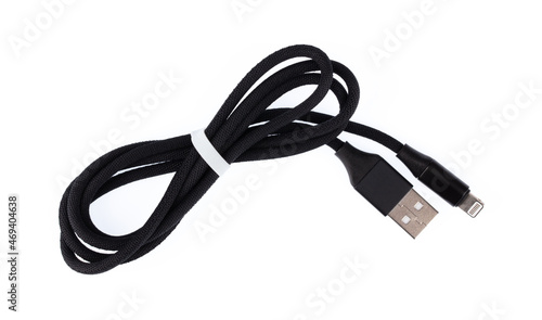 Black USB cable for smartphone isolated on white background.