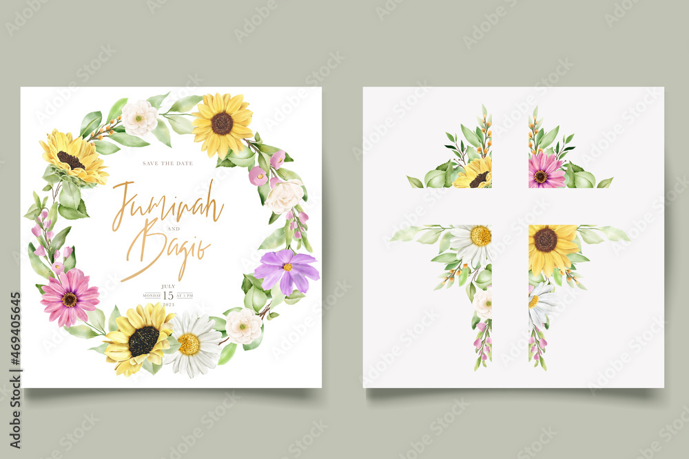hand drawn watercolor sun flower and daisy invitation card set 