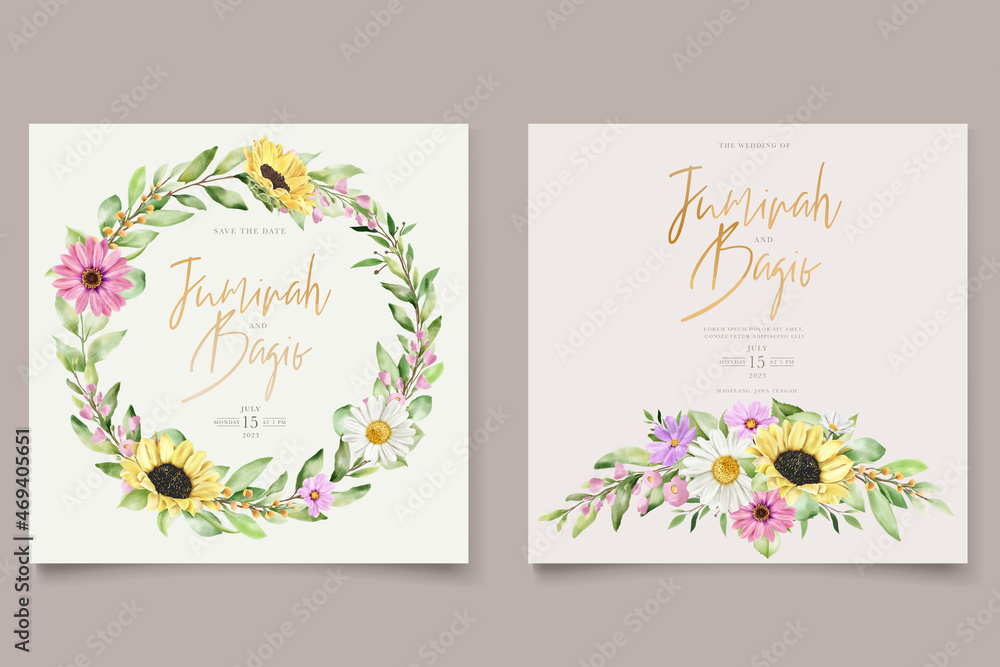 hand drawn watercolor sun flower and daisy invitation card set 