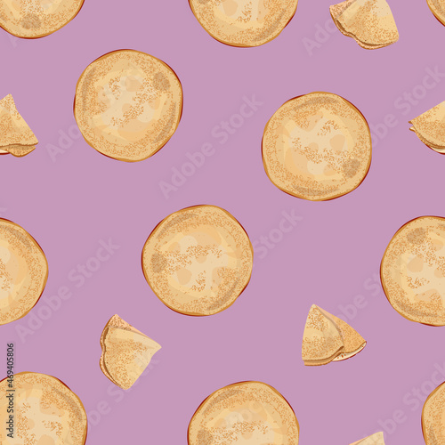 Vector seamless pattern. Top view of thin pancakes isolated on pink background.