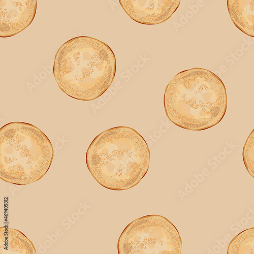 Top view of thin pancakes isolated on beige background. Vector seamless pattern.
