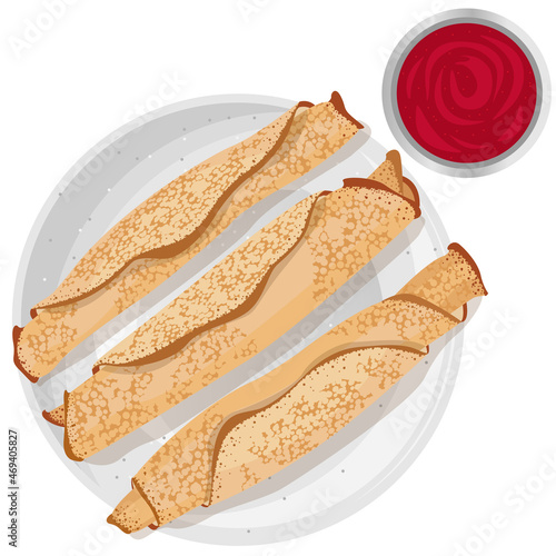 Vector top view of rolled thin pancakes in ceramic plate and bowl with jam isolated on white background.