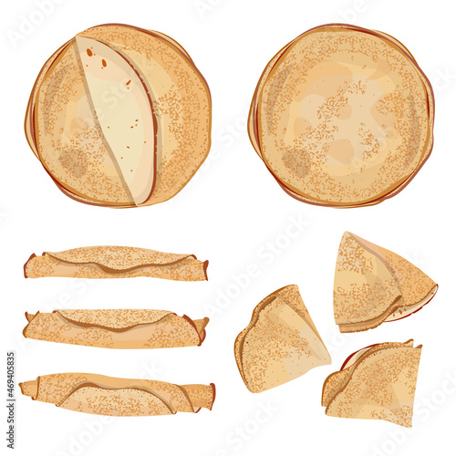 Vector set of thin pancakes isolated on white background.