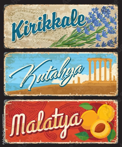Kirikkale, Kutahya and Malatya Turkey il provinces signs, vector thin plates. Turkish il provinces luggage tags or city welcome signs and road metal plates with Turkish landmarks photo