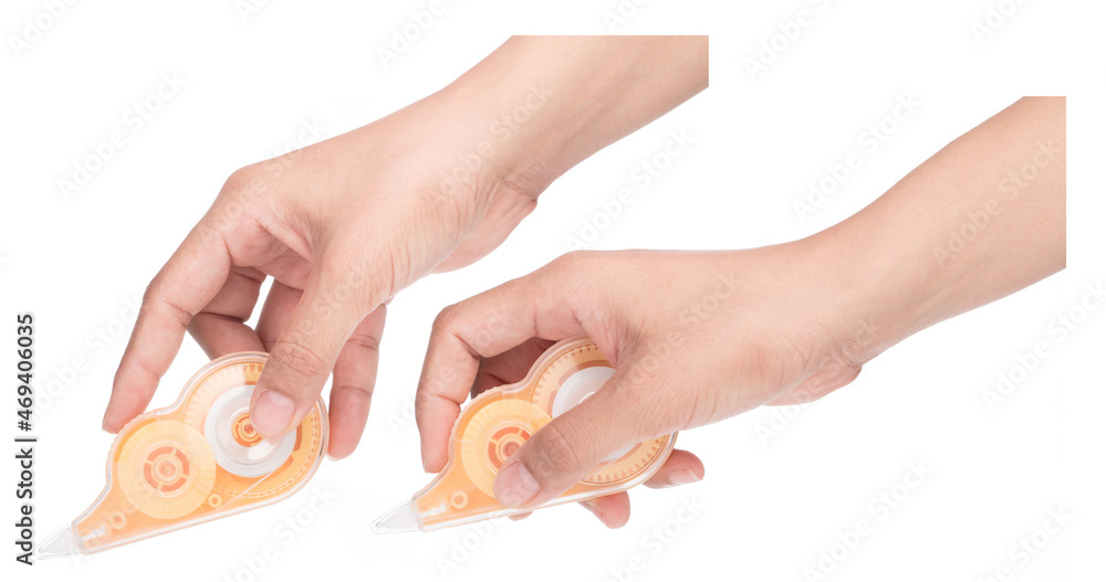 Set of Hand holding Correction tape isolated on white background. Set of Hand holding Correction tape isolated on white background.