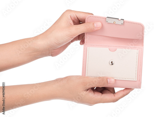 hand holding Women's wallet isolated on white background.