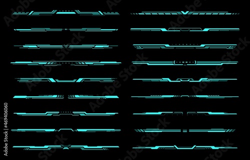 HUD futuristic header and footer interface vector elements of Sci Fi and tech game. Future technology head up display hologram screen frame border lines, blue neon text bars and dividers, ui design
