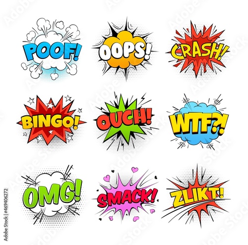 Cartoon comics speech bubbles of vector sound effect halftone balloons and exclamation clouds with stars, lightnings and hearts. Oops, ouch, bingo and omg, wtf, crash, poof and smack comics bubbles