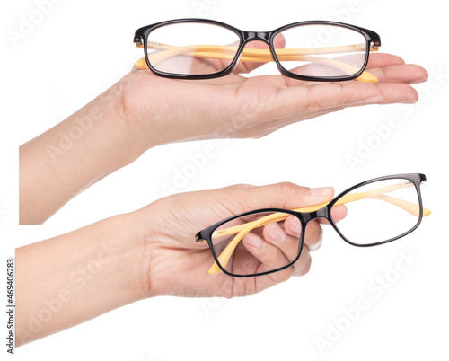 Collection hand holding Eyeglasses isolated on a white background.