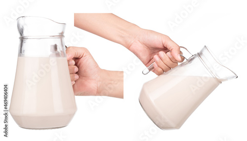 Set of Hand holding Jug Milk ​isolated on a white background.