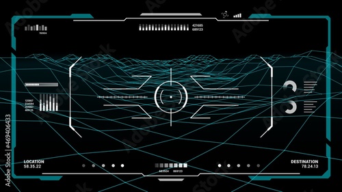 HUD futuristic monitor screen interface, target aim control ui or gui of Sci Fi game. Digital dashboard panel of vr head up display with aim control frame, vector graphics, crosshair and hologram map
