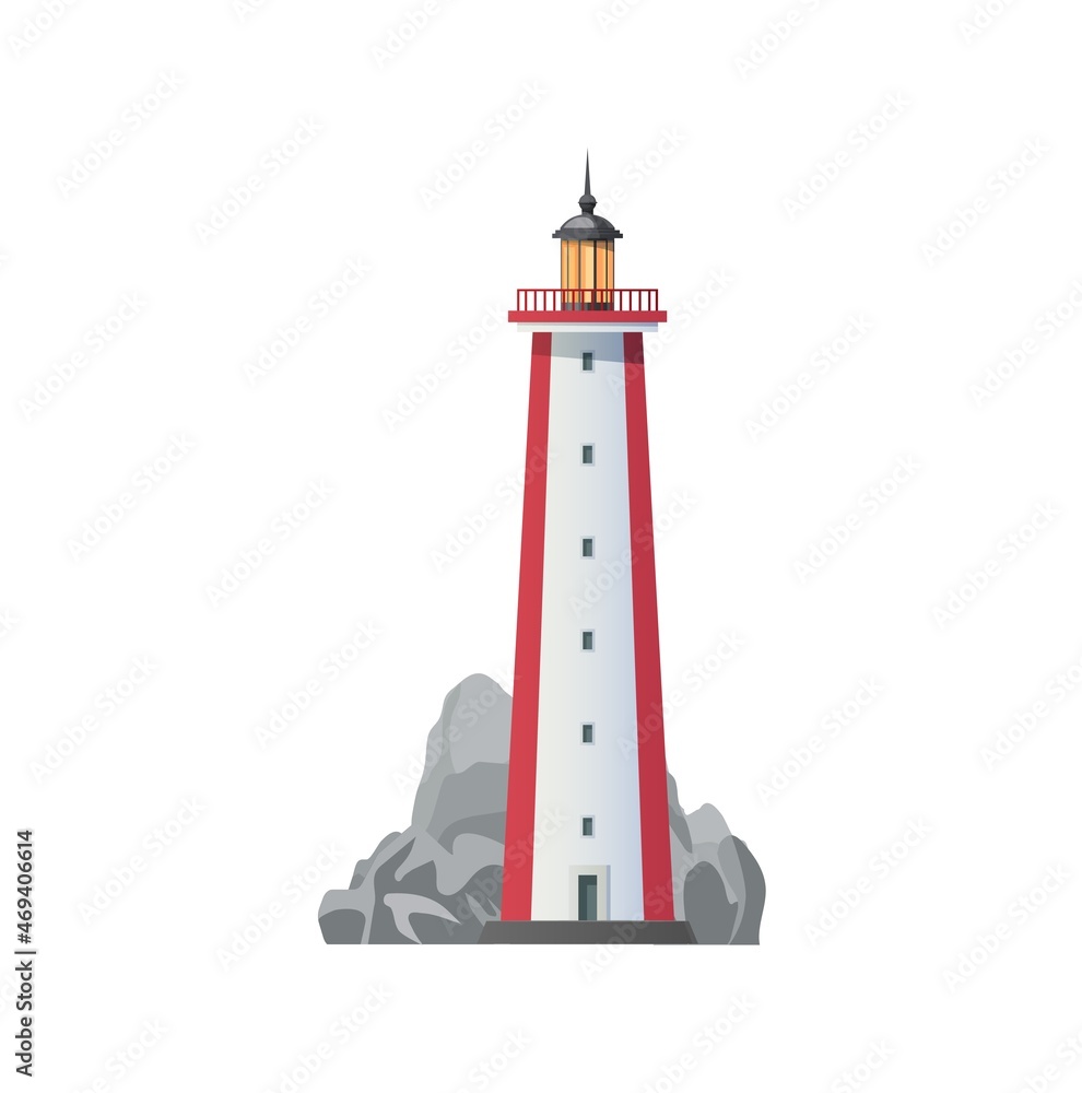 Sea lighthouse vector icon, coast searchlight beacon tower. Lighthouse beacon on cliff rock for ships navigation and safe seafaring, ocean harbor port light guide signal