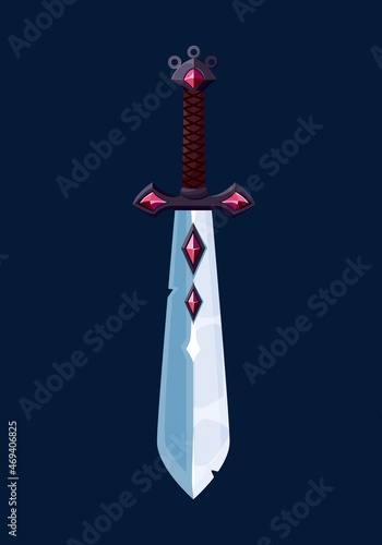Magical cartoon wizard sword blade, game ui or gui vector object. Fantasy weapon of medieval magician knight, magic warrior knife or dagger with leather plaited handle and blade with ruby gemstones