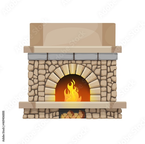 Home stone fireplace with flame and wood chunks. House interior design element, classic open hearth vector fireplace made of stone, bricks and marble or concrete mantel, logs in firewood storage