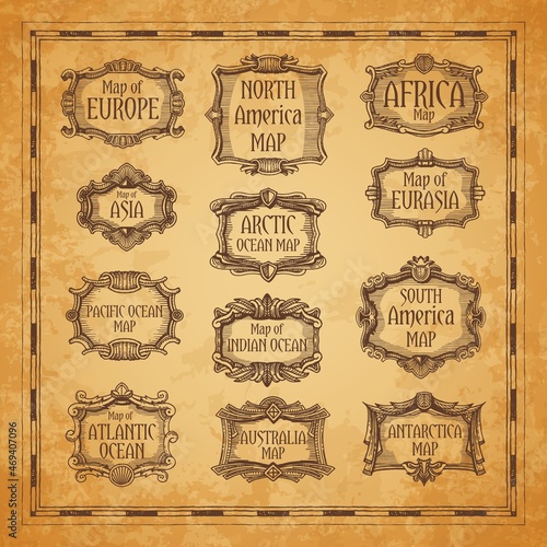 Vintage map frames and borders. Ocean and continents signs. Europe, Africa and Asia, South and North America, Australia, Antarctica engraved vector cartography decorations on parchment background