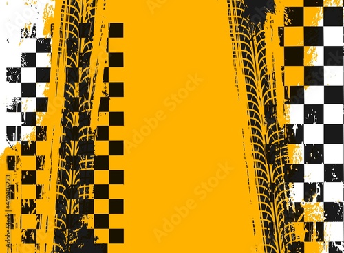 Racing sport background. Tire tracks and checkered rally racing flag with grunge. Off road tyre prints, vector black car treads, spots and checkered backdrop. Motocross bike protectors