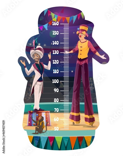 Kids height chart, growth measure meter circus performers. Shapito cartoon big top tent arena with artists ape juggler, clown stilt walker and magician. Vector wall ruler for baby height measurement