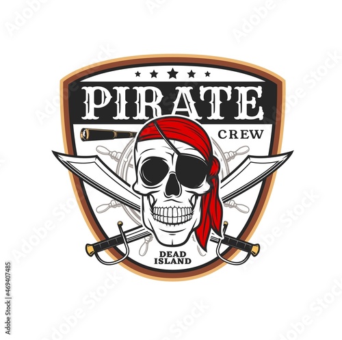 Pirate skull icon with swords and ship helm, buccaneer and corsair sailors vector emblem. Merry roger skull in red bandanna and eye patch with crossed sabers and captain spyglass