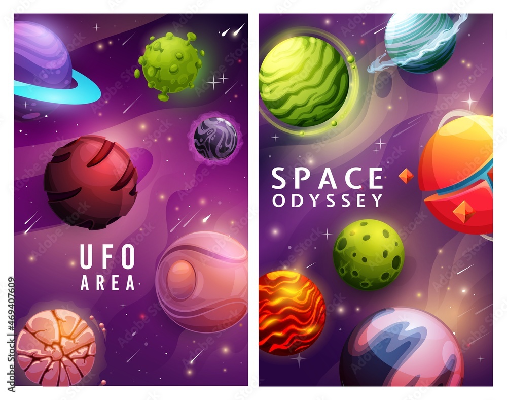 UFO area, space odyssey posters, cartoon planets, vector galaxy and fantasy game. UFO aliens spaceship rockets in universe sky, stars in cosmos and cosmic world asteroids and planets with craters UFO area, space odyssey posters, cartoon planets, vector galaxy and fantasy game. UFO aliens spaceship rockets in universe sky, stars in cosmos and cosmic world asteroids and planets with craters