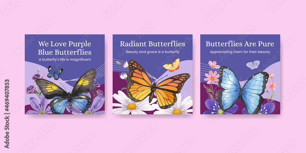 Banner template with purple and blue butterfly concept,watercolor style