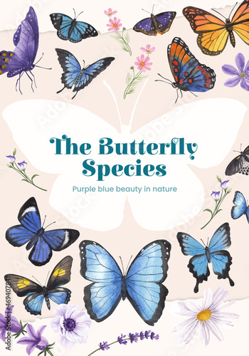 Poster template with purple and blue butterfly concept,watercolor style