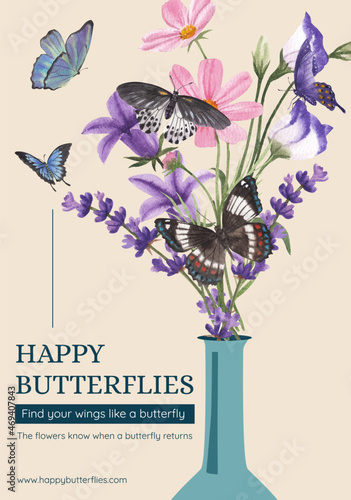 Poster template with purple and blue butterfly concept,watercolor style