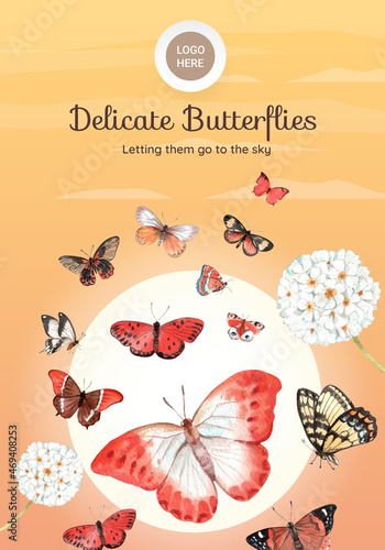 Poster template with red and orange butterfly concept watercolor style