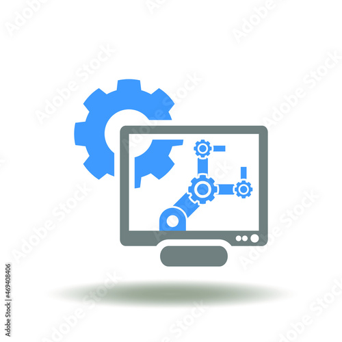 Vector illustration of computer display with robot arm and gear. Symbol of CAE Сomputer-Aided Engineering. Icon of CAD project designing software system. photo