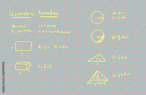 Set of isolated geometric equations. Hand written math formulas on a grid. Graph paper. All elements are isolated so they can be manipulated as needed.