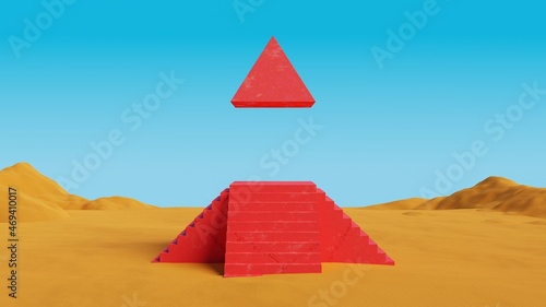 Red concrete pyramid with stair on sand dunes.Surreal desert landscape minimal abstract background.3d Rendering illustration.