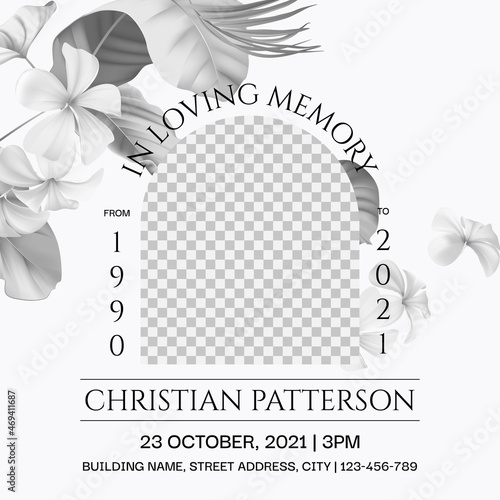 Floral memorial and funeral invitation card template design, bright grey decorated with black and white Plumeria flowers and leaves