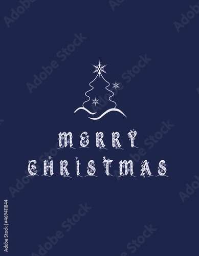 Holiday card with Christmas Tree, birds, Christmas ornament, blue background. Universal modern artistic templates.