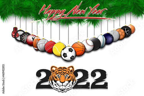 Happy New Year 2022. Soccer, football, basketball, tennis, baseball, volleyball, golf, bowling, billiard, cricket rugby balls hanging on a Christmas tree branch Vector illustration