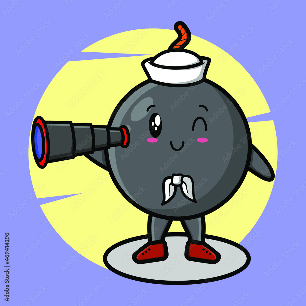 Fototapeta premium Bomb sailor mascot cartoon with hat and using binocular cute style design for t-shirt, sticker, logo element