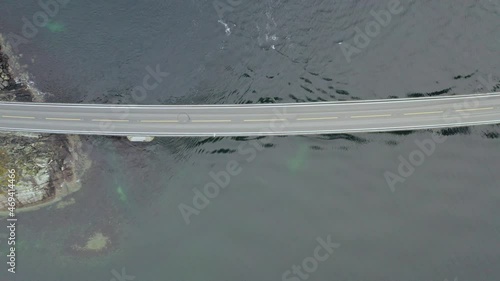 Top View Of Storseisundet Bridge Crossing Storseisund. The Atlantic Road In More og Romsdal County, Norway. aerial photo