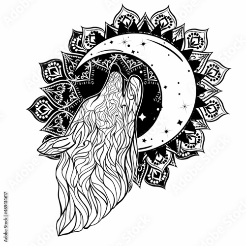 Bohemian logo with wolf or werewolf howling to the moon. Tattoo art style illustration.
