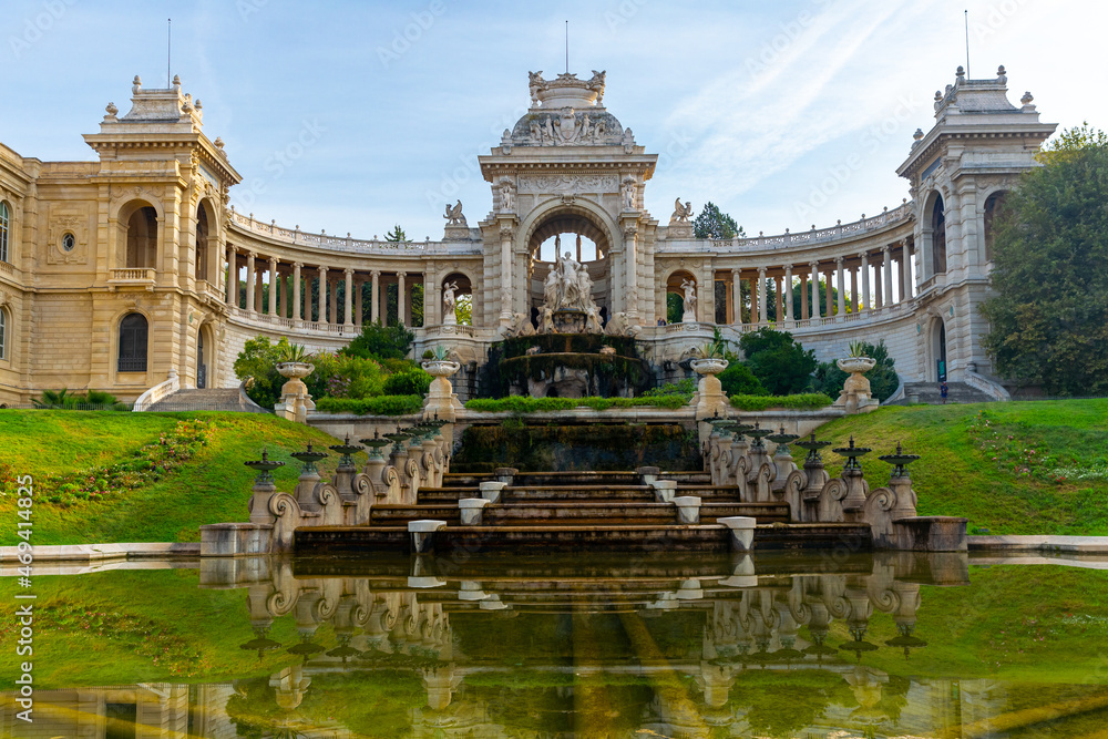 External view of Palais Longchamp, fountain and central sculpture group.