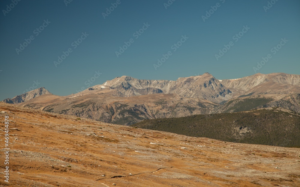 Hiking trail view of Mount Hague, Mount Wood, Pyramid Peak in Beartooth Mountains, Montana