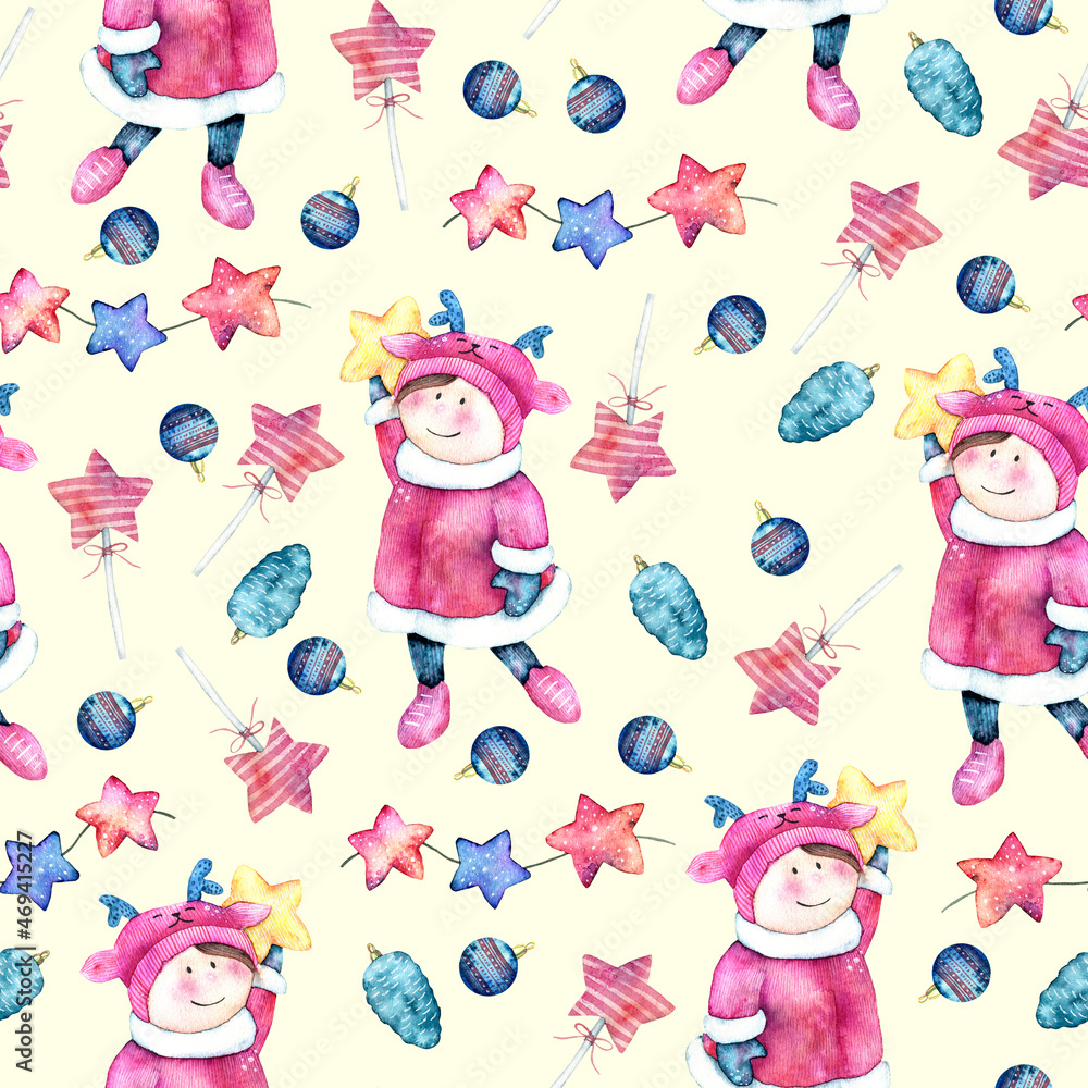 Fototapeta premium watercolor christmas pattern with girls, stars, christmas toys on yellow background to create festive backgrounds