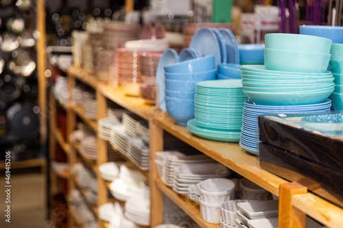 Closeup of variety dishes, bowls and other goods for kitchen at a decor store photo